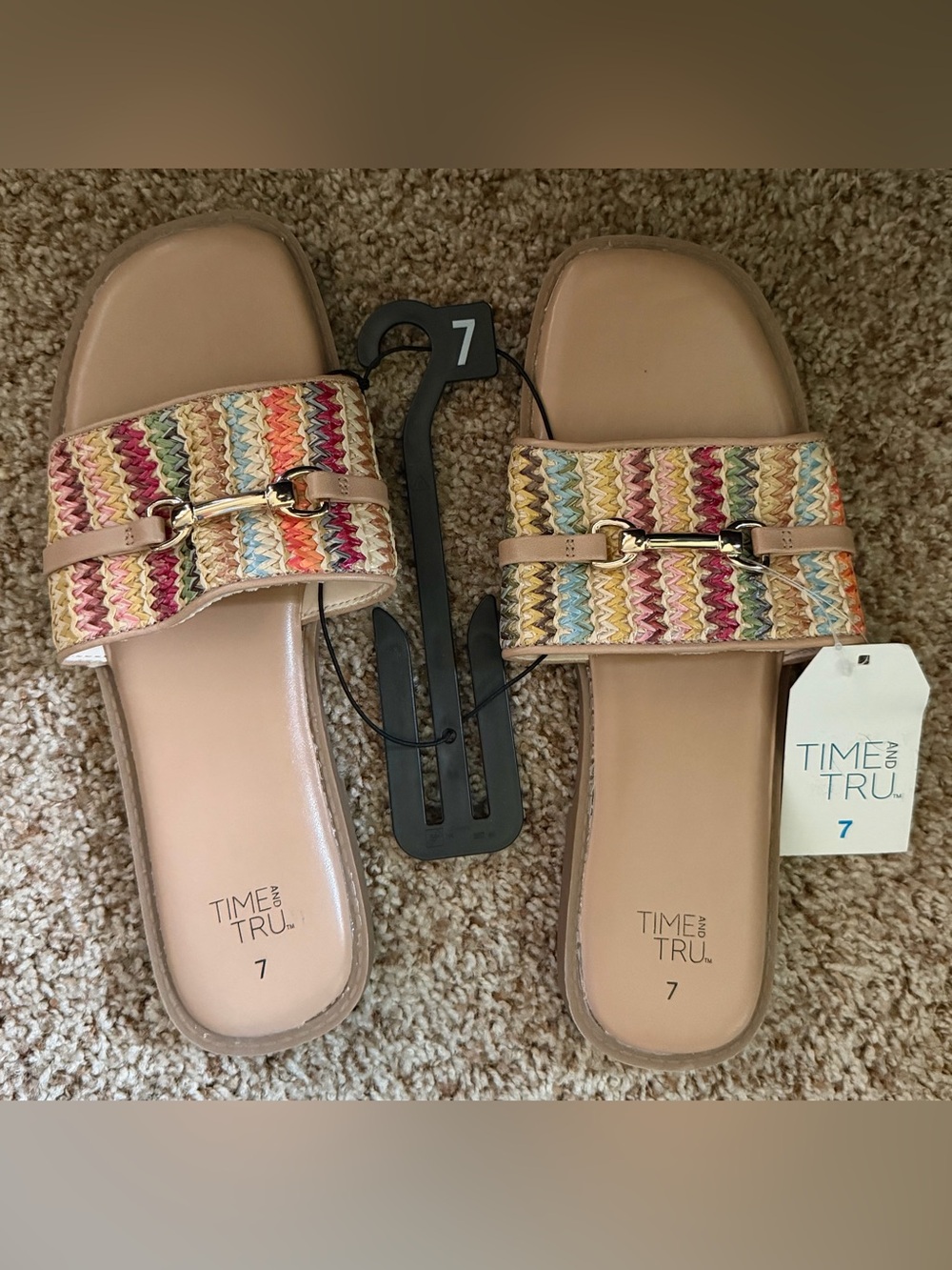 Time and Tru Womens Slide Sandals Size 7 Multicolor Woven Memory Foam NWT